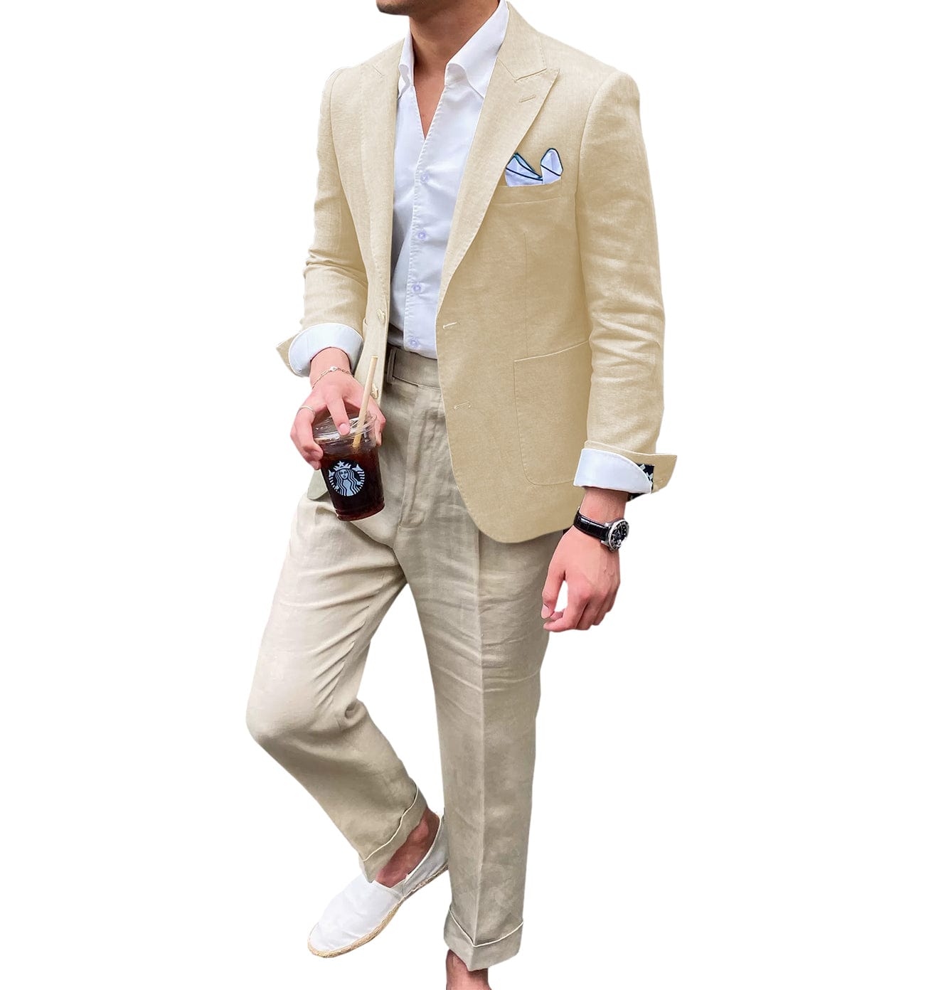 ceehuteey Summer Linen Men's Casual  Peak lapel Suit for Blazer